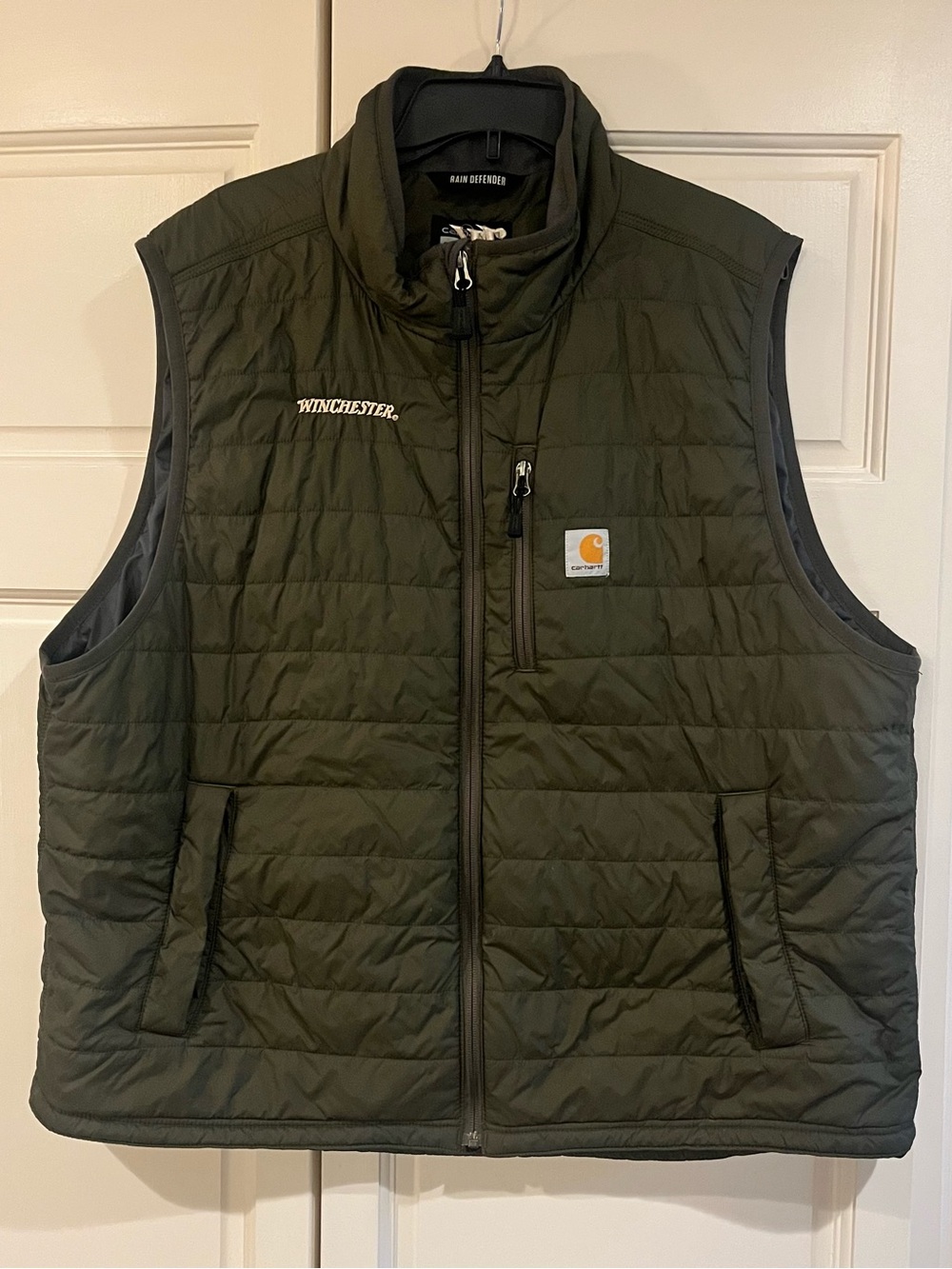 Carhartt Men's Rain Defender Full Zip Puffer Vest Green 2XL Winchester Logo